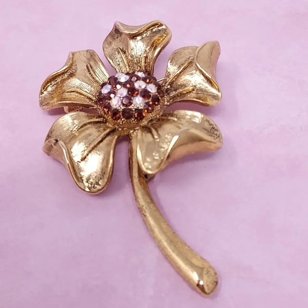 Vintage Gold Tone Flower Brooch Pendant 3
